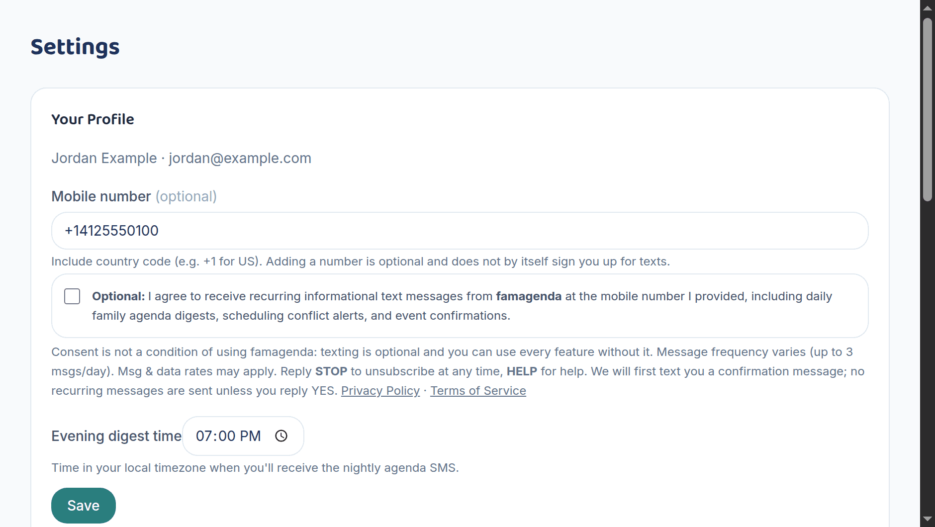 famagenda Settings page profile section with an optional mobile number field, the same unchecked-by-default SMS consent checkbox, the consent disclosure with STOP and HELP instructions and Privacy Policy and Terms links, and the note that adding a number does not by itself sign you up for texts.